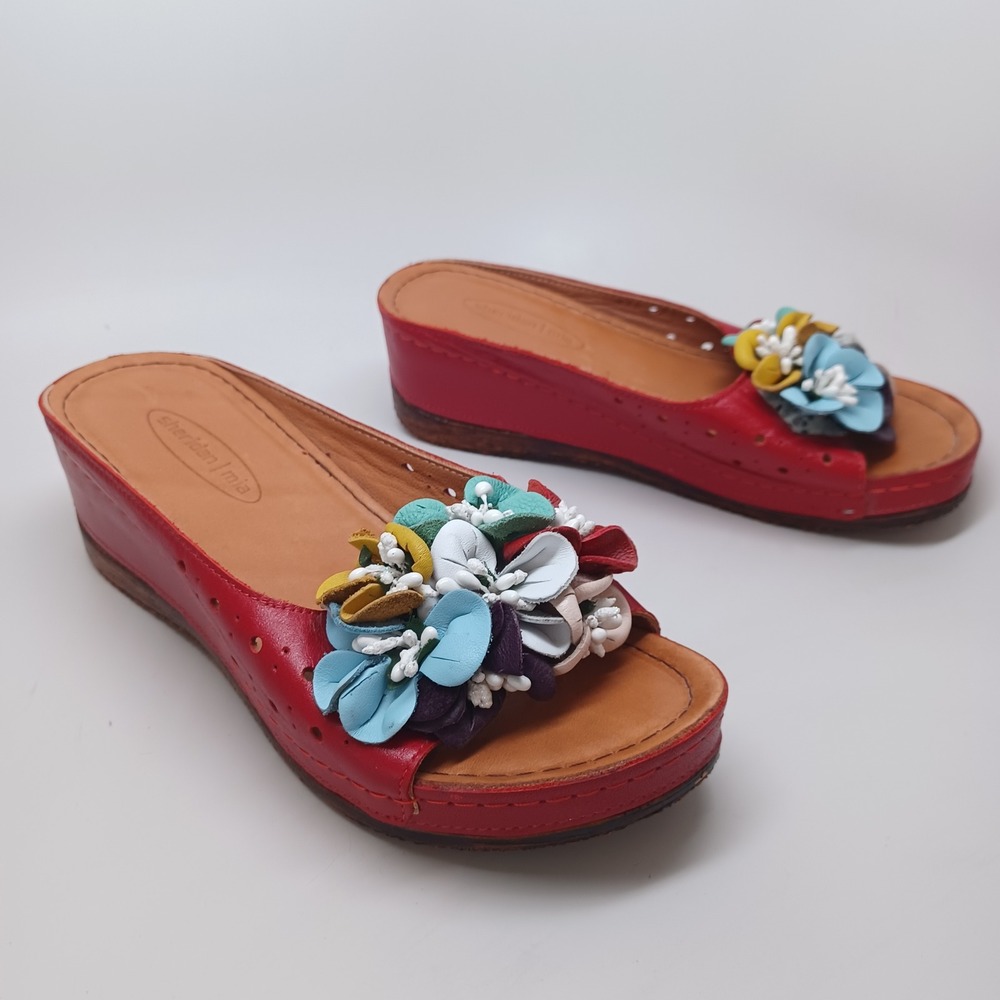 Sheridan Mia Red Leather Floral Wedge Sandals Womens Slides Multi Color Flowers - Picture 9 of 13